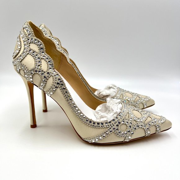 Badgley Mischka Size 8 Rouge Ivory Satin Jeweled Pointed Toe Pumps Heels Shoes
